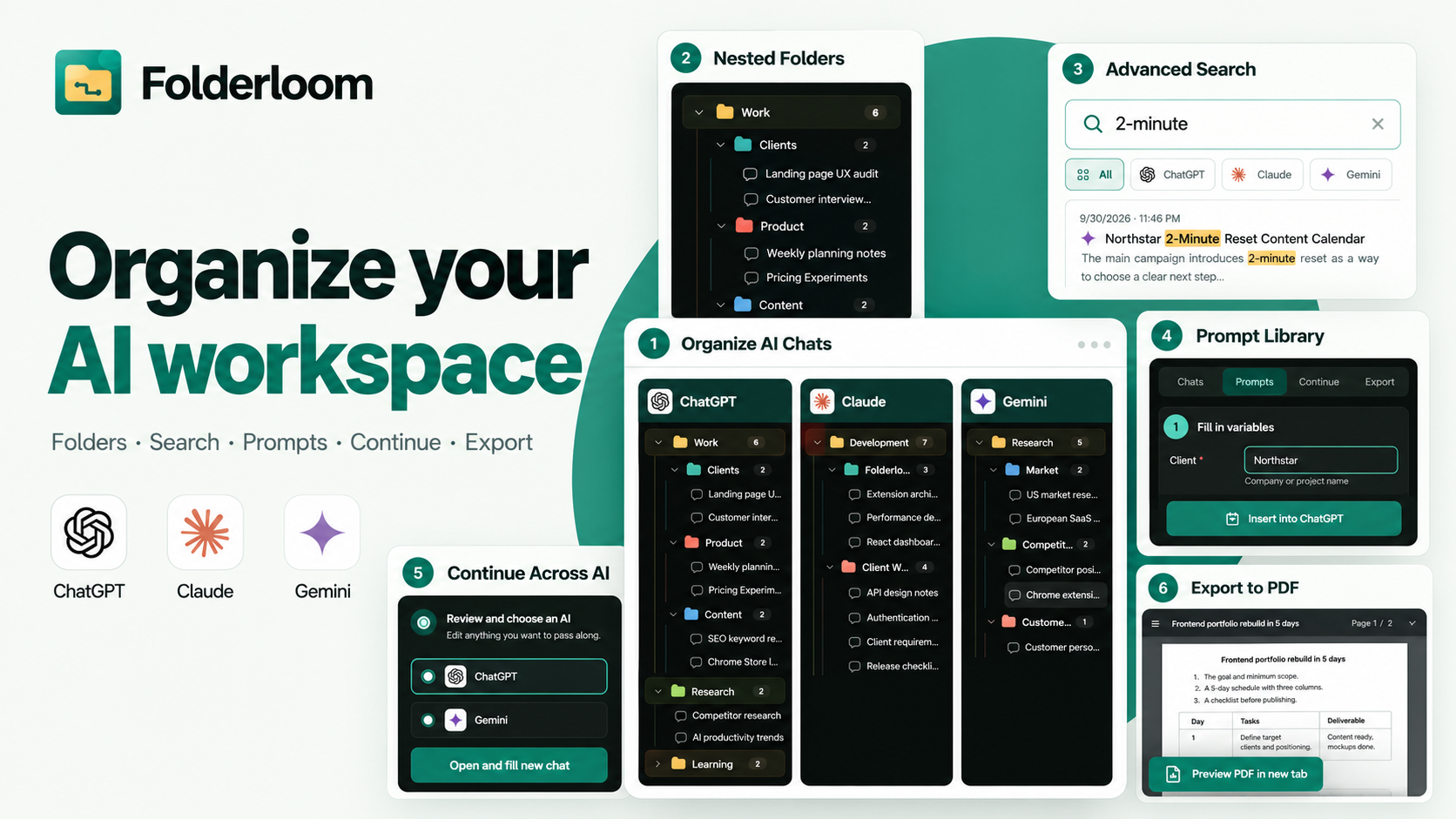 Folderloom overview: folders, nested folders, search, prompts, continue across AI and PDF export